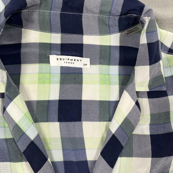 Equipment Femme Shirt Womens Small Petite Blue Green Plaid 100% Silk Button Up - Picture 2 of 8